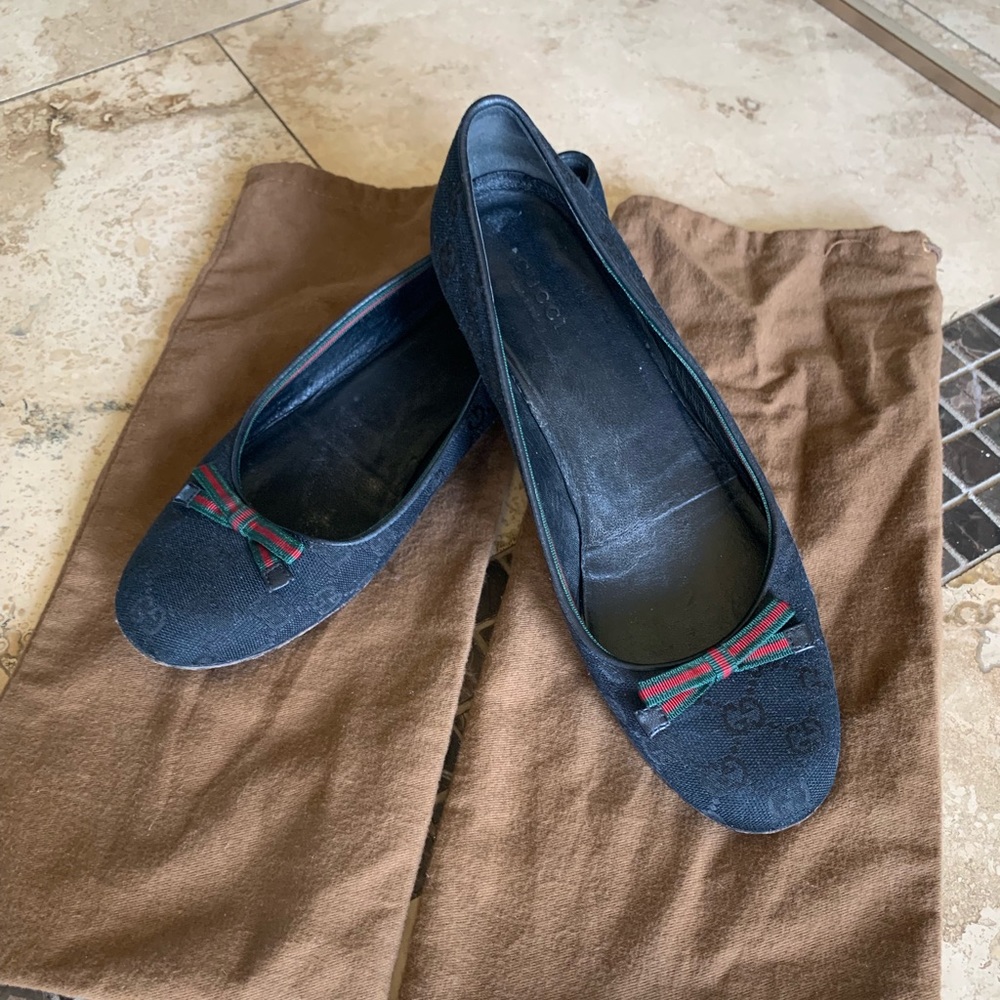 Gucci Black Guccissima Canvas Bow Ballet Flats